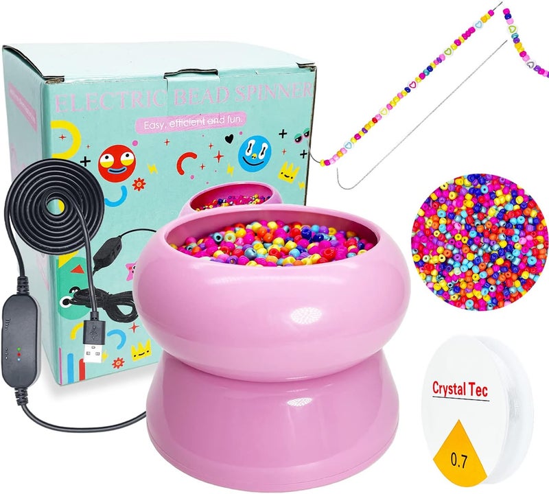 Xmada Electric Bead Spinner - Bead Spinner with 2PC Beading Needles and Seed Beads, Waist Beads Kit, Bead Spinner for Jewelry Making, Electric | Speed Adjustment Beading Tools (Pink) - Image 1